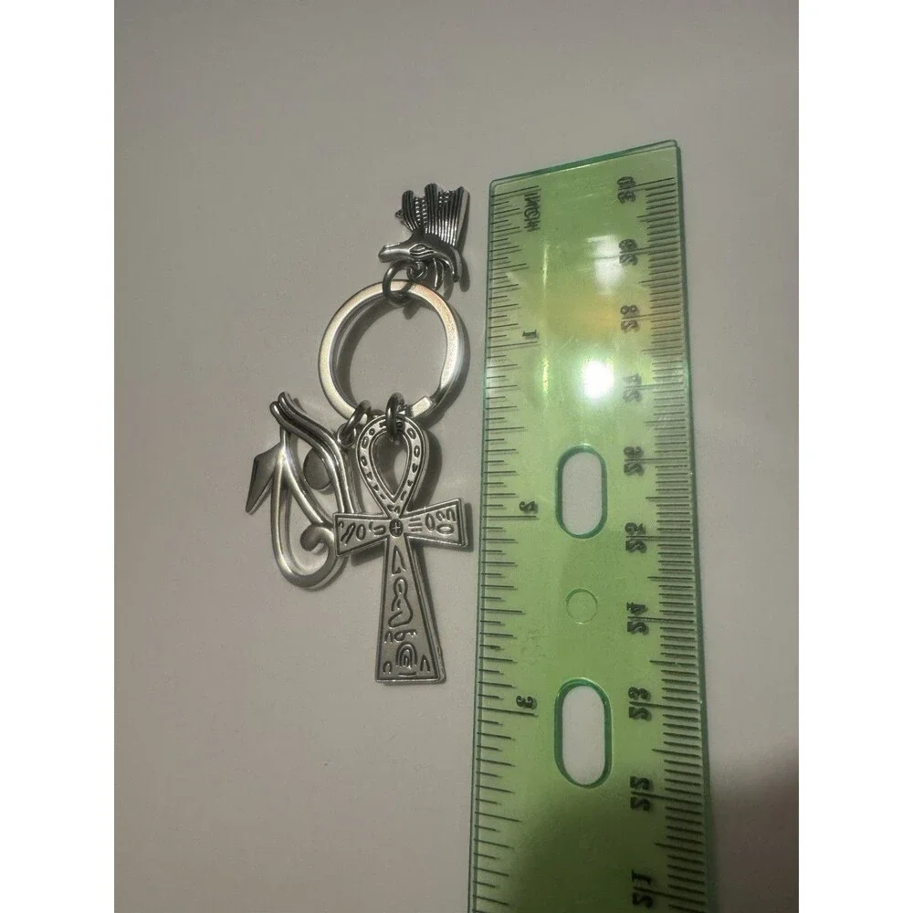 Egyptian Eye of Horus Ankh Cross Falcon Keychain Silver Tone Key Ring Charm
